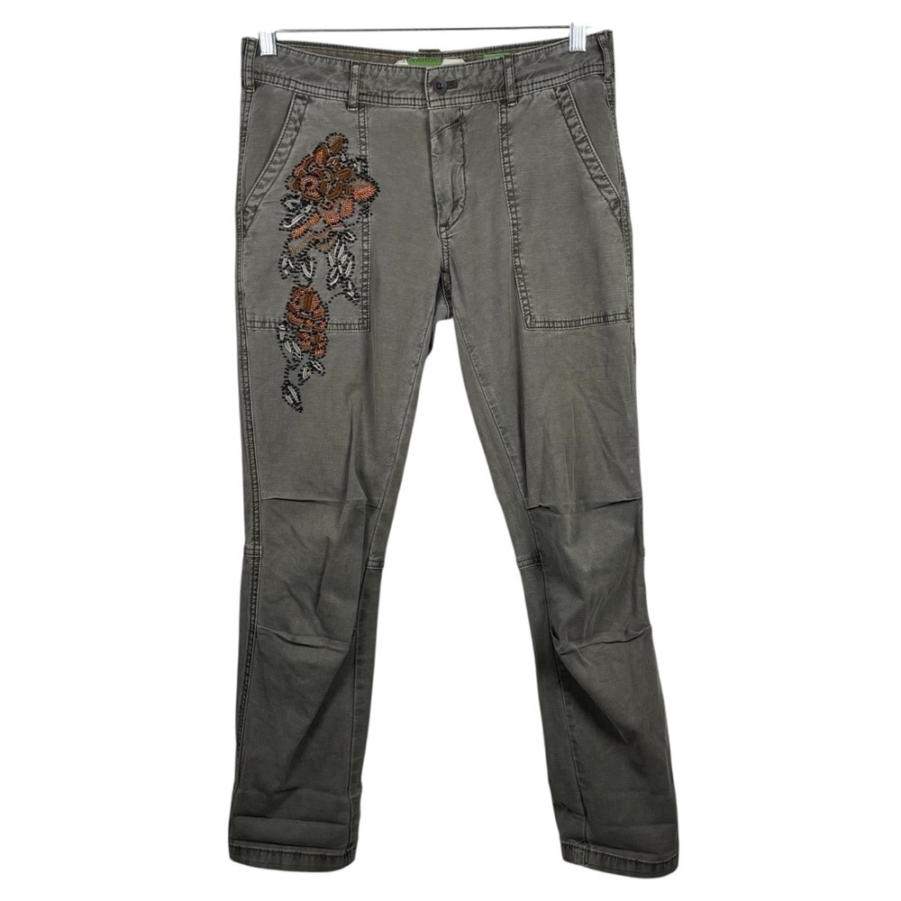 Anthropologie The Wanderer Beaded Embroidered Floral Army Green Cropped Pants 25